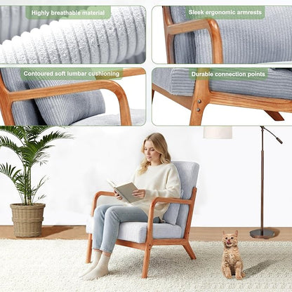 Mid Century Modern Accent Chair with Solid Rubberwood Frame, Comfy Corduroy Reading Armchair with Lumbar Pillow, Compact Lounge Chair for Bedroom, Nursery & Small Spaces, Light Grey