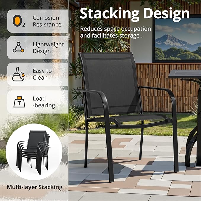 SUNCROWN 6 - Piece Outdoor Dining Set, Patio Furniture Set with 4 Textilene Dinning Chairs, 1 Steel Slat Metal Bistro Table and 1 Brown 9Ft Patio Umbrella for Lawn Garden Backyard Deck, Black
