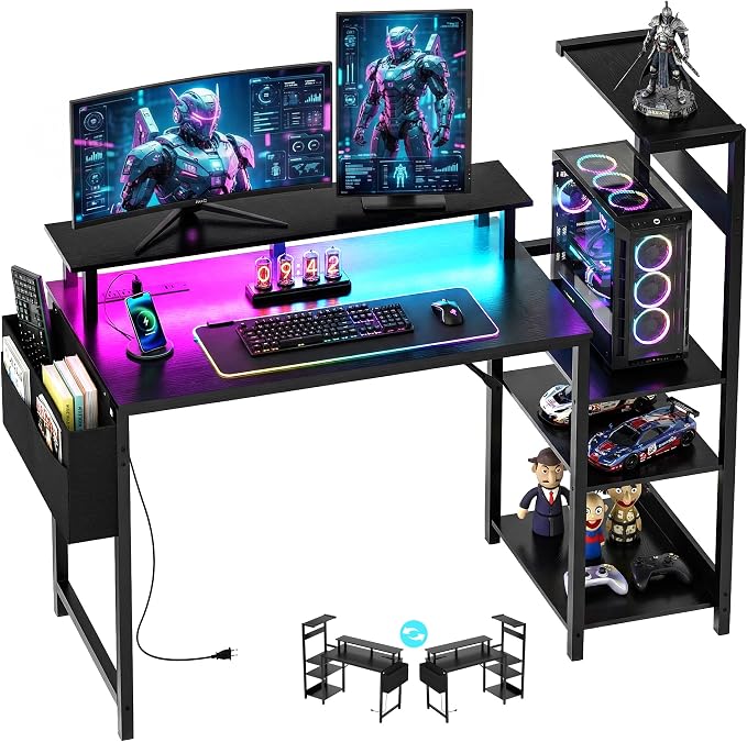 Apicizon 43 Inch Gaming Desk with LED Setup Style, Computer Desk with Storage Shelves & Monitor Stand, Reversible Workstation for Small Space, Home Office Desk Black