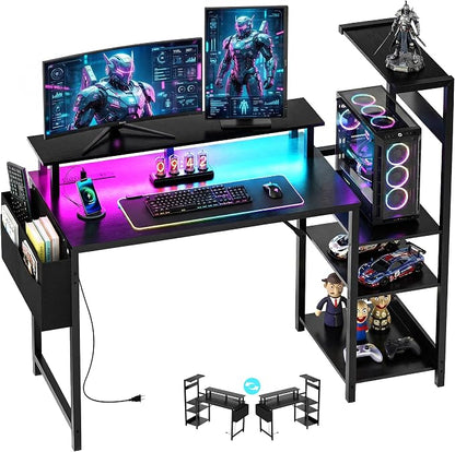 Apicizon 43 Inch Gaming Desk with LED Setup Style, Computer Desk with Storage Shelves & Monitor Stand, Reversible Workstation for Small Space, Home Office Desk Black