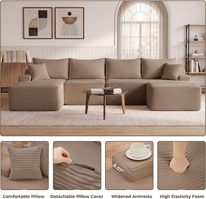 Mangodan 118'' Cloud Sectional Couch, U Shaped Boneless Couches for Living Room, Modular Sectional Sofa with Deep Seat Light Facing Chaise, Comfy Cloud Couch Sofa, Camel