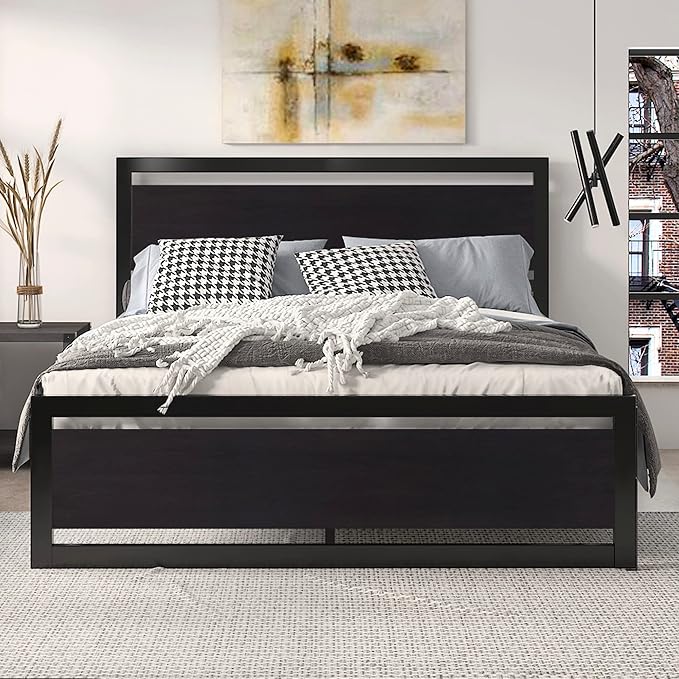 SHA CERLIN Heavy Duty Full Size Bed Frame with Modern Headboard，Black | Platform Metal Base with Square Footboard and 13 Strong Slats Support, No Box Spring Needed