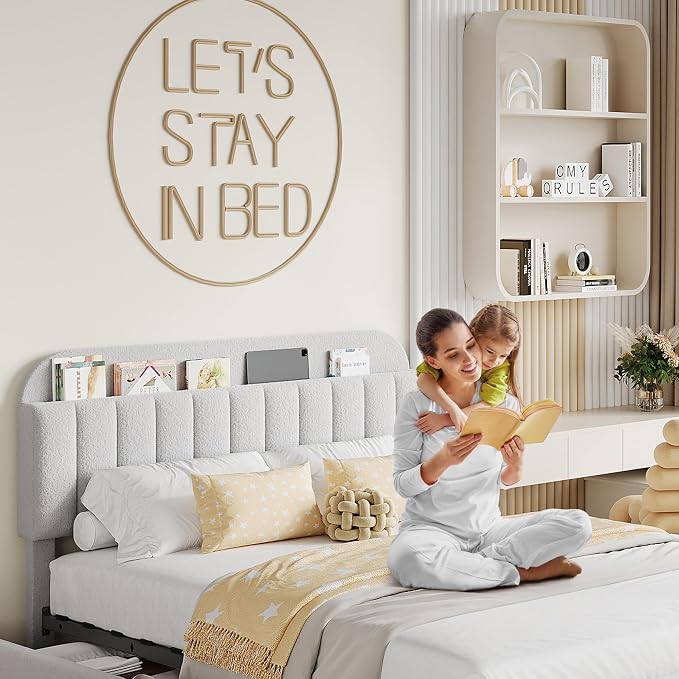 Garvee Full Size Bed Frame with 2 Flexible Drawers, Boucle Upholstered Platform Bed Frame with Bookcase Headboard, Bedframe for Kids/Boys, Easy Assembly, No Box Spring Needed, Noise Free, Grey