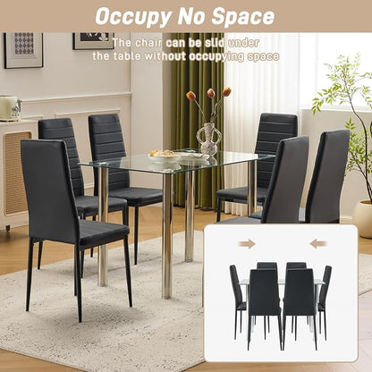 Karl home Dining Chairs Set of 6, PU Leather & High Back, Black | Black kitchen chairs with padded seats & foot cap protection for dining kitchen living room,300lbs capacity,space-saving