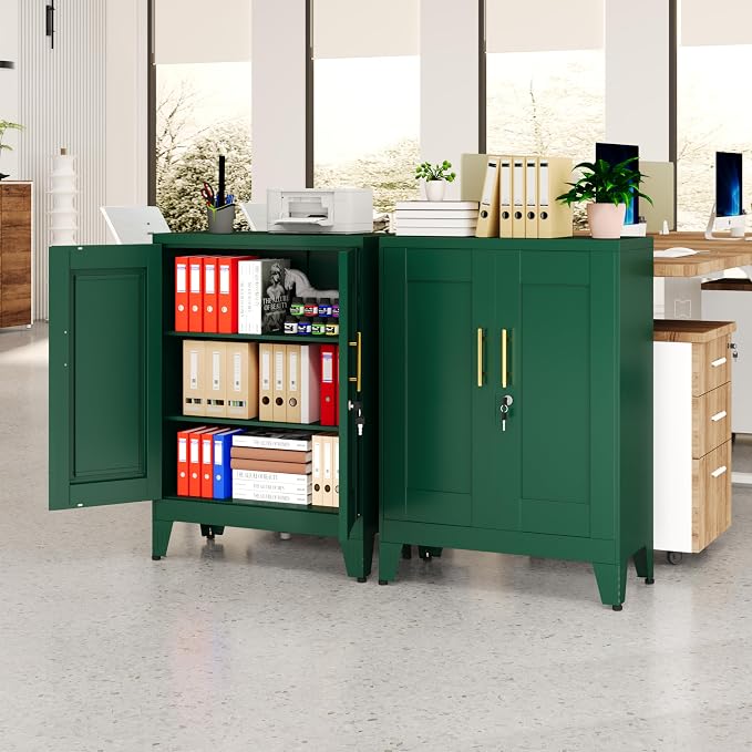 Green Metal Storage Cabinet, 36" Tall Locking Storage Cabinet with 2 Adjustable Shelves, Steel Locker Organizer, for Office, Home, School, 11.81" D x 23.62" W x 35.83" H