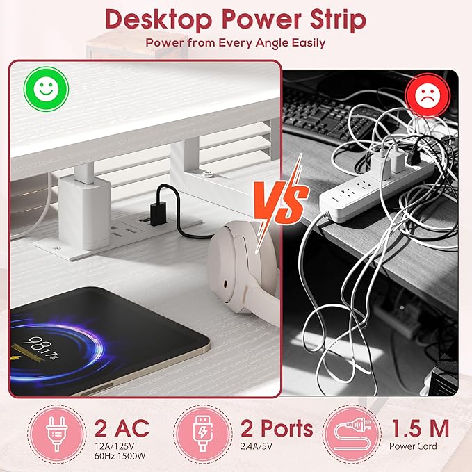 DurayLoly 55" White Computer Desk with 2 Acrylic Cabinet & 3 Fabric Drawers | Integrates Ample Storage & Display, Great Fit for Small Spaces, Outlets Suitable for Studying, Working & Gaming Equipments