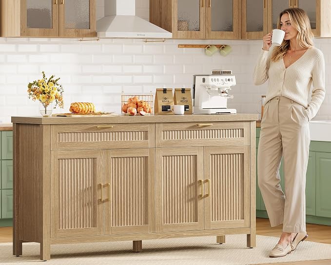 usikey 63" Buffet Cabinet with Storage, Large Sideboard Buffet Cabinet with 2 Adjustable Shelves and 2 Drawers, Modern Fluted Coffee Bar for Kitchen, Living Room, Natural