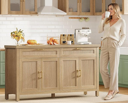 usikey 63" Buffet Cabinet with Storage, Large Sideboard Buffet Cabinet with 2 Adjustable Shelves and 2 Drawers, Modern Fluted Coffee Bar for Kitchen, Living Room, Natural