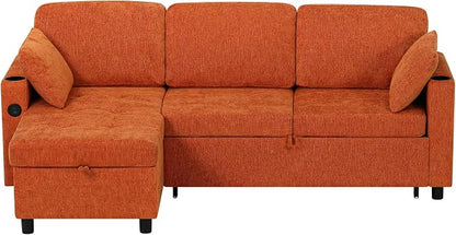 84 Inch Sleeper Sofa Bed w/7 Angles Adjustable Backrests, Chenille sectional Sofa Bed w/USB Port, Convertible L-Shaped Couch Bed w/Storage Chaise & Thicker Cushions for Living Room, Orange