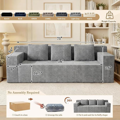 71" Corduroy Living Room Sofa, 3 Setaser Deep Seat Couch with 3 Lumbar Pillows, Comfy Boneless Sofa Modern Compressed Couch for Bedroom, Office, Apartment, No Assembly, Flat Armrests (Light Grey)