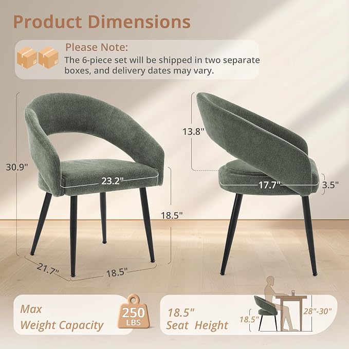 LUE BONA Modern Dining Chairs Set of 6, Upholstered Armrest Side Chairs for Kitchen & Dining Room, 18.5" Seat Height, Comfortable Curved Hollow Backrest, Black Metal Legs, Easy Assembly, Grayish Green