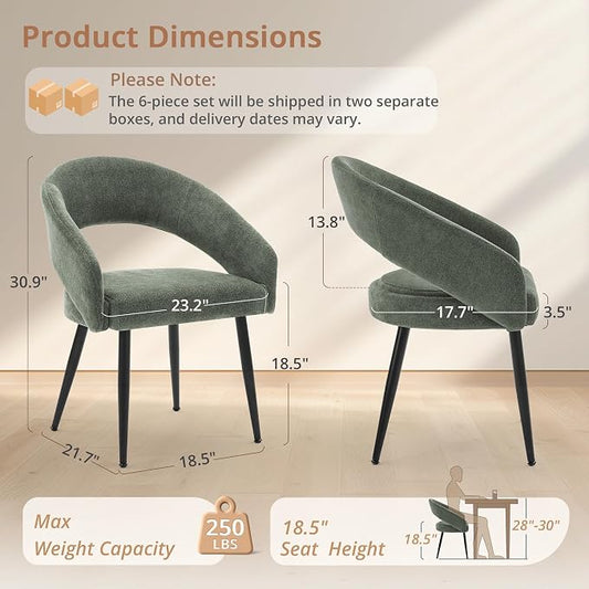 LUE BONA Modern Dining Chairs Set of 6, Upholstered Armrest Side Chairs for Kitchen & Dining Room, 18.5" Seat Height, Comfortable Curved Hollow Backrest, Black Metal Legs, Easy Assembly, Grayish Green