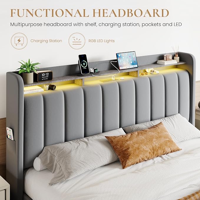 SHA CERLIN Velvet King Size Bed Frame with Vertical Channel Tufted Wingback Headboard & 2 Storage Drawers/2-Tier Shelves with LED Lights & Charging Station/Noise-Free/No Box Spring Needed/Light Grey