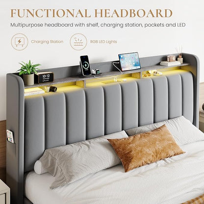 SHA CERLIN Velvet King Size Bed Frame with Vertical Channel Tufted Wingback Headboard & 2 Storage Drawers/2-Tier Shelves with LED Lights & Charging Station/Noise-Free/No Box Spring Needed/Light Grey