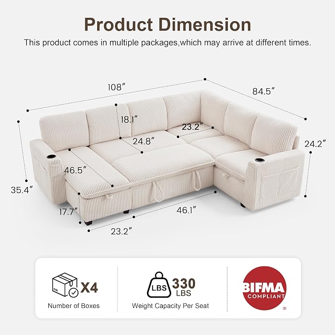 Sectional Sleeper Sofa with Pull Out Bed, Plush Corduroy 7 Seat Modular Sectional Sofa with Storage Chaise and Adjustable Backrest, Cloud Couches for Living Room, Apartment, Beige