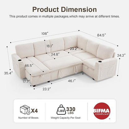 Sectional Sleeper Sofa with Pull Out Bed, Plush Corduroy 7 Seat Modular Sectional Sofa with Storage Chaise and Adjustable Backrest, Cloud Couches for Living Room, Apartment, Beige