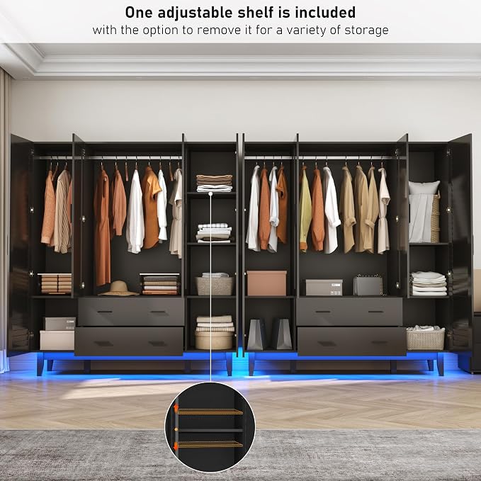 Hlivelood 4 Door Armoire Wardrobe Closet Cabinet with Drawers and LED Lights, Multi-Tier Shelves, Hanging Rod & 4 Louver Doors, Large Capacity Storage Wardrobe Armoire for Bedroom, Black