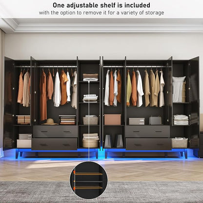 Hlivelood 4 Door Armoire Wardrobe Closet Cabinet with Drawers and LED Lights, Multi-Tier Shelves, Hanging Rod & 4 Louver Doors, Large Capacity Storage Wardrobe Armoire for Bedroom, Black