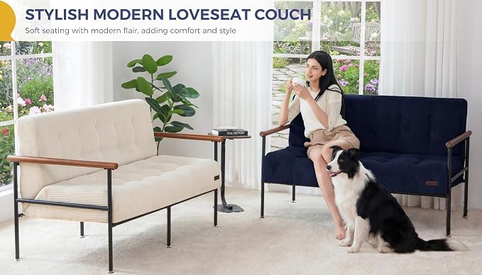 MAXYOYO Living Room Accent Chair, Loveseat Sofa Chair with Sturdy Metal Frame & Wood Armrests, Button Tufted Upholstered Small Couch Modern Love Seat for Bedroom Office, Navy