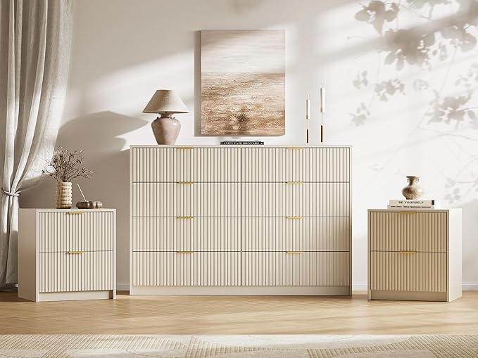 MAISONARIA 3-Piece Dresser Bedroom Set, 8 Drawer Dresser & 2 Drawer Nightstands with Gold Handles, Fluted Wood Chest of Drawers for Bedroom, Living Room, Entryway, Beige