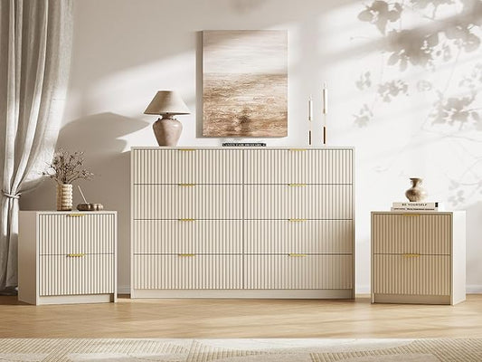 MAISONARIA 3-Piece Dresser Bedroom Set, 8 Drawer Dresser & 2 Drawer Nightstands with Gold Handles, Fluted Wood Chest of Drawers for Bedroom, Living Room, Entryway, Beige