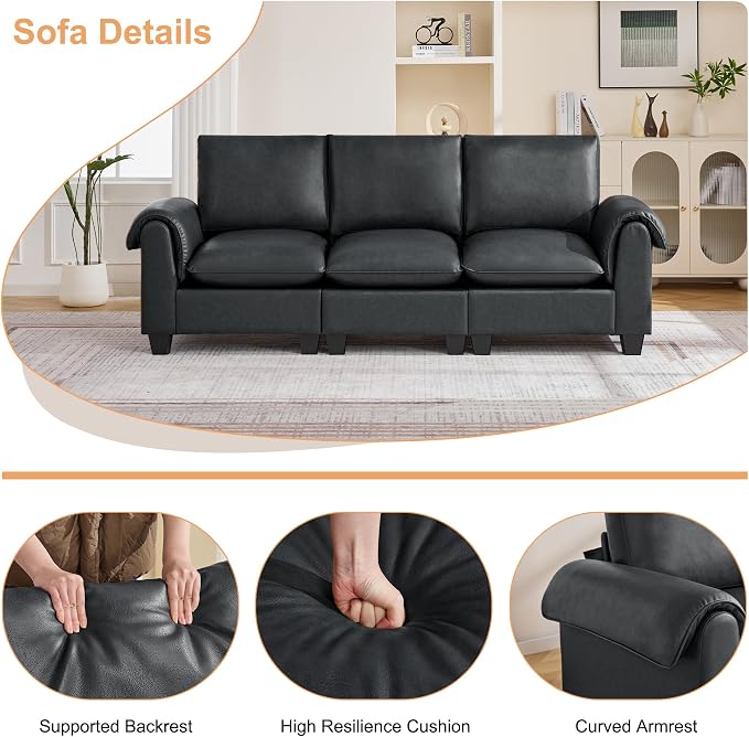 96" Faux Leather Modular Sectional Upholstered Sofa, Oversized 3 Seater Couch with Curved Armrests, Cloud Modern Upholstered Deep Seat Sofa for Living Room, Black