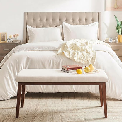 kinmars Upholstered Bench for Bedroom End of Bed,42.5-inch Entryway Bench for Living Room,Dining Bench with Padded Seat and Solid Wood Leg for Kitchen Bedroom,Indoor and Hallway (Bench, Beige)