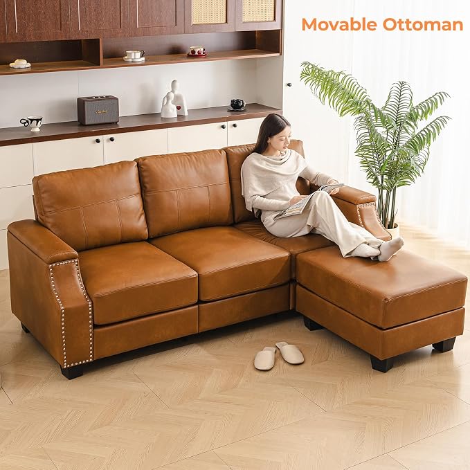 85'' Faux Leather Couch with Armrest Organizer,Sectional Sofa with Storage Movable Ottoman,Solid Wooden Frame,Thick Cushion,3 Seater L Shaped Couches for Living Room,Apartment,Home Furniture,Brown