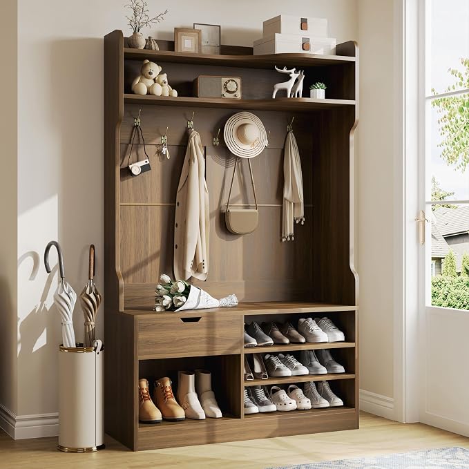 Hall Tree with Bench and Shoe Storage, 5-in-1 Entryway Hall Tree with Coat Rack, Hidden Drawer, 7 Coat Hooks, 3-Tier Shoe Storage for Hallway and Mudroom, Walnut