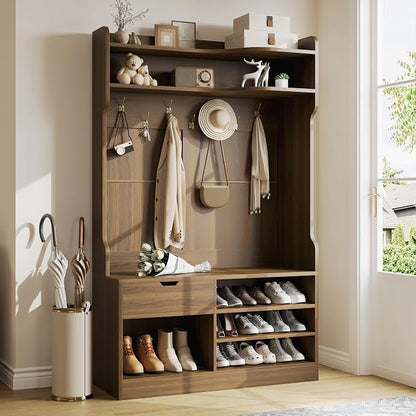 Hall Tree with Bench and Shoe Storage, 5-in-1 Entryway Hall Tree with Coat Rack, Hidden Drawer, 7 Coat Hooks, 3-Tier Shoe Storage for Hallway and Mudroom, Walnut