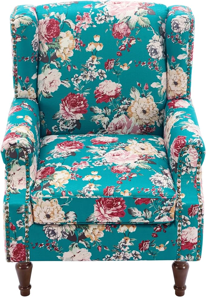 Pia Ricco High Back Floral Accent Chair - Retro Wingback Upholstered Armchair with Nailhead Trim, Solid Wood Legs, Fabric Living Room Bedroom Reading Chair (Peacock Blue)