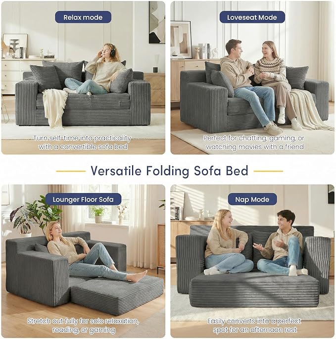 cidludto Boneless Couch Loveseat Sleeper, Convertible Sofa Bed Folding Couch Bed Foldable, 2 in 1 Boneless Chair Bed & Futon Sofa Bed, Small Pull Out Sofa with 4 Pillows for Living Room, Grey