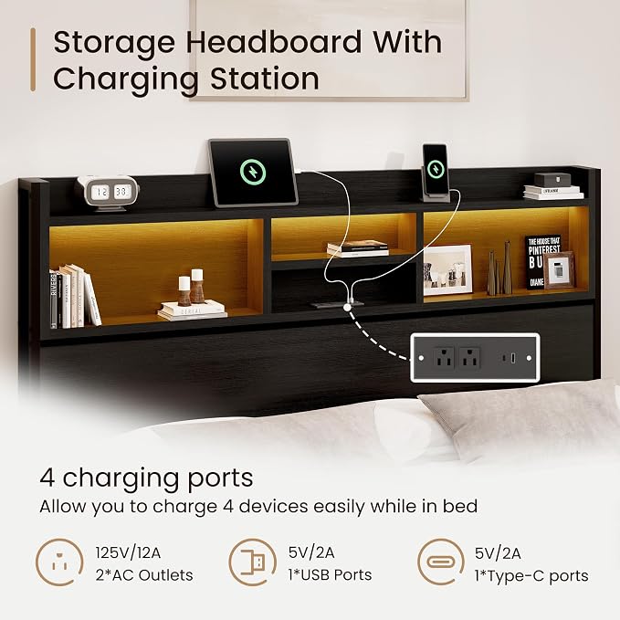 BRELTAM King Storage Bed Frame with 6 Drawers, USB Charging Station, No Noise, No Box Spring Required, Vintage Black Headboard Platform Bed