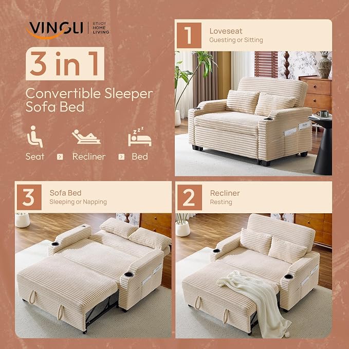 VINGLI Beige Futon Sofa Bed Convertible Loveseat Sleeper Sofa Couch, Corduroy Pullout Sofa Fold Out Couch Bed with USB Ports, Cup Holders, Armrest for Living Room, Bedroom Apartment Room