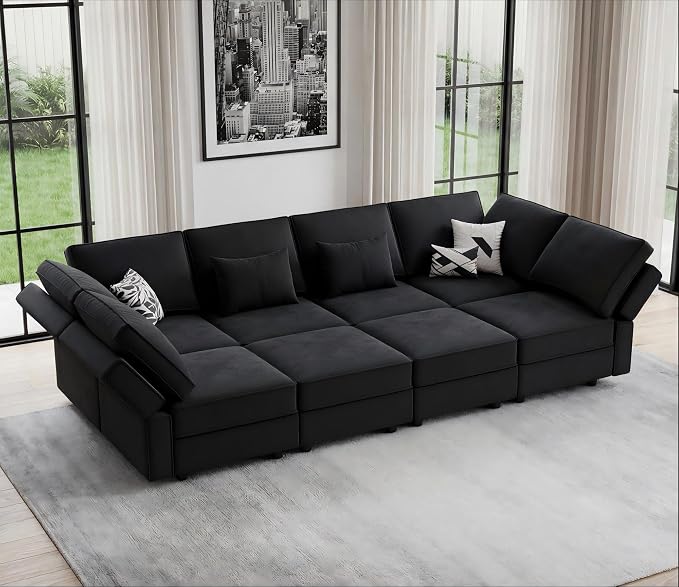 Vesgantti Sectional Sleeper Sofas with Storage, 118" Sofa Bed with 8 Seats Storage Chaises Removable Cover, Deep Seat Modular Couches Velvet Couch Set for Living Room, Apartment, Home Theater, Black