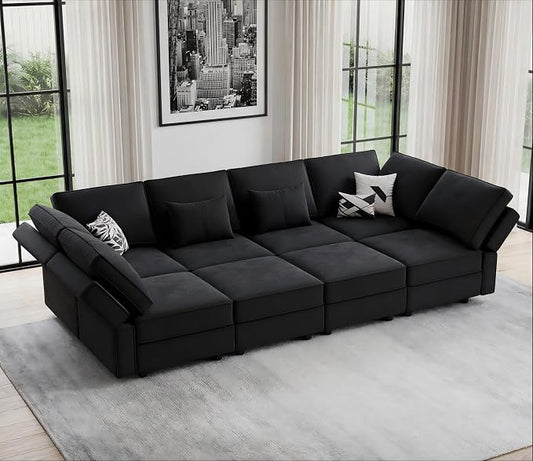 Vesgantti Sectional Sleeper Sofas with Storage, 118" Sofa Bed with 8 Seats Storage Chaises Removable Cover, Deep Seat Modular Couches Velvet Couch Set for Living Room, Apartment, Home Theater, Black