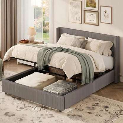 Garvee Full Lift Up Storage Bed Frame, Corduroy Upholstered Platform Bed with Gas Lift, Padded Headboard, Wooden Slat Support, No Box Spring Needed, Easy Assembly, Taupe Grey