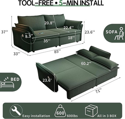 85" Pull Out Sofa Bed Full Size, Pre-Assembled Corduroy Sleeper Sofa, Convertible Loveseat Futon Couch with Storage Ottoman, USB, Pillows, for Apartment, Living Room, Small Spaces, Green
