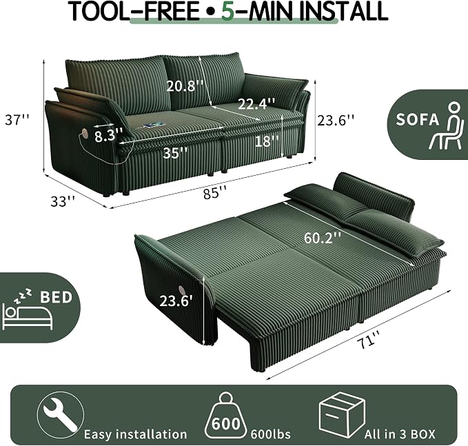 85'' Sofa Bed Full Size, Tool-Free Assembly, 3 in 1 Convertable Sleeper Sofa, Corduroy Couches with Pull Out Bed, USB & Storage, Modern Loveseat for Small Space, Living Room, Corduroy Green