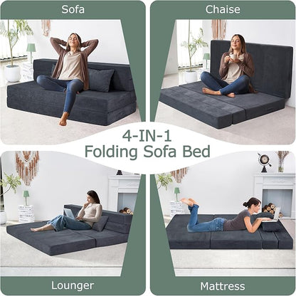 Folding Sofa Bed, 4 in 1 Convertible Sleeper Chair with Pillow, Queen Memory Foam Fold Out Chair Bed, Modern Floor Futon Sofa Couch Mattress for Living Room/Guest/Apartment, Dark Grey
