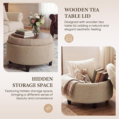 COLAMY Round Hidden Storage Ottoman with Reversible Tray Lid – Multi-Functional Footrest, Sturdy & Stylish Fabric Coffee Table for Living Room, Bedroom, or Entryway, Camel