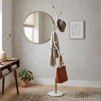 Roundhill Furniture Arles Metal Whtie and Oak Standing Coat Rack