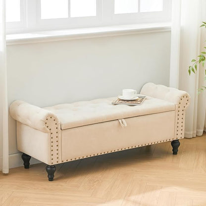 55" Storage Bench for Bedroom, Upholstered Ottoman Bench, Chenille Beige | End of Bed Bench for Bedroom, Window Benches for Living Room, Entryway, Ottoman with Large Storage Space, Pet Friendly