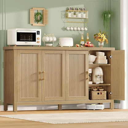TEENFON Buffet Cabinet with Storage, 63" Fluted Sideboard Cabinet with 4 Adjustable Shelves, Modern Coffee Bar with 4 Doors, Coffee Bar Cabinet for Kitchen, Living Room, Natural