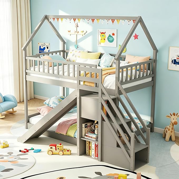 Giantex House Bunk Bed Twin Over Twin with Slide & Stairs, Wood Bunk Bed with Storage Shelves, No Box Spring Needed, Twin Floor Bed for Kids Teens Boys Girls (Grey)