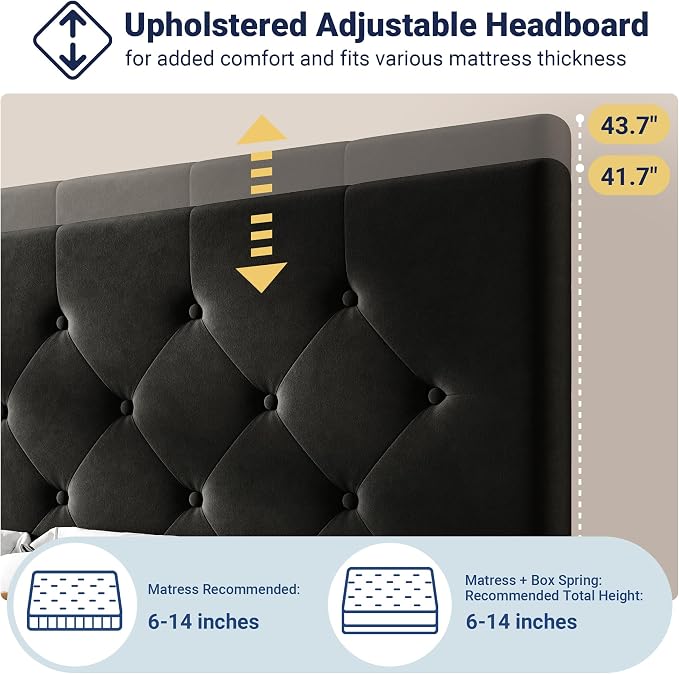 Allewie Upholstered Queen Size Platform Bed Frame with 4 Storage Drawers and Adjustable Headboard, Diamond Button Tufted, Wooden Slats Support, Noise-Free, No Box Spring Needed, Easy Assembly, Black