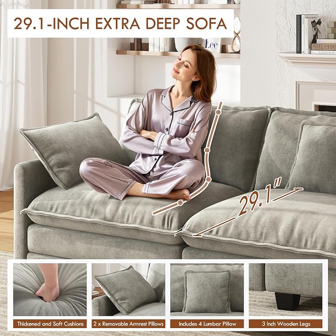 WorthFurni 146” Oversized Modular Sectional Sofa, U Shaped Cloud Couch Set for Living Room, 4-Seater Comfy Chenille Couches with 2 Movable Ottomans, DIY Combination （Grey）