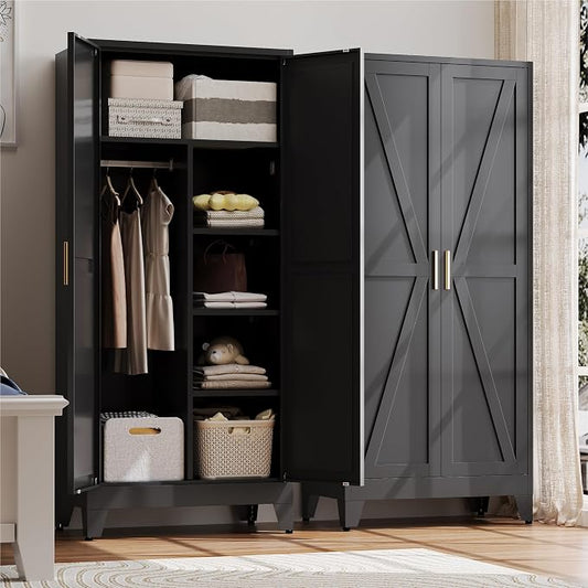 Baborokic Metal Wardrobe Cabinet with Hanging Rod,Large 71" Armoire Wardrobe Closet with Adjustable Shelves and Doors,Farmhouse Metal Office Cabinets for Bedroom,Office,Employee(Black)