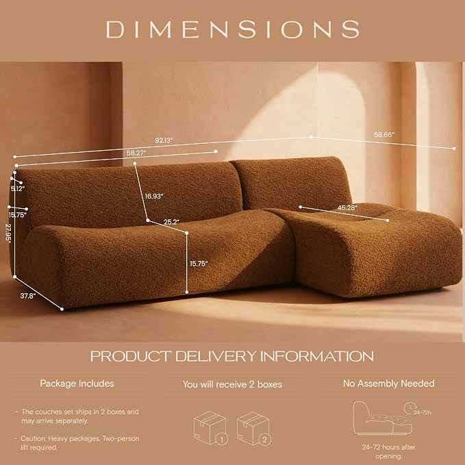 Curved Sectional Modular Couch with Chaise, Modern 92.13'' Boneless Sofa with Deep Seat, Sherpa Boucle Cloud Couch for Living Room, Cozy Teddy L-Shaped Couches，No Assembly, Brown