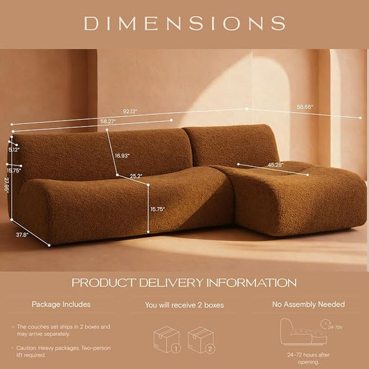 Curved Sectional Modular Couch with Chaise, Modern 92.13'' Boneless Sofa with Deep Seat, Sherpa Boucle Cloud Couch for Living Room, Cozy Teddy L-Shaped Couches，No Assembly, Brown